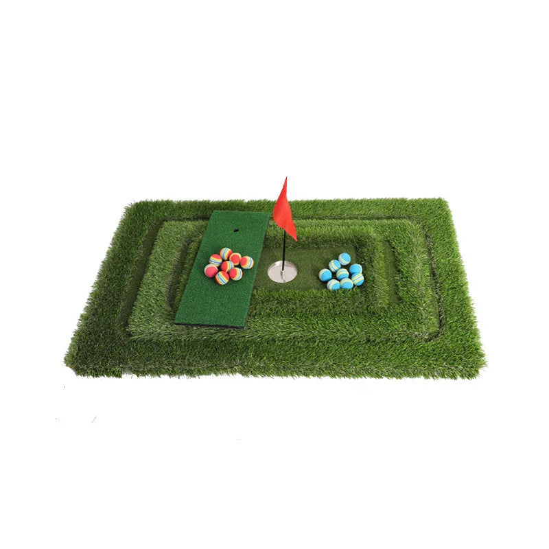Green golf training mat with PP grass surface and EVA backing shown in multiple custom sizes for putting practice