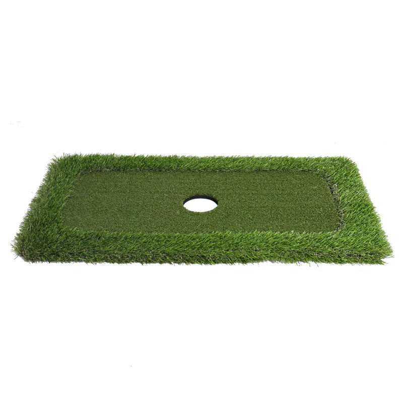 Green golf training mat with PP grass surface and EVA backing shown in multiple custom sizes for putting practice
