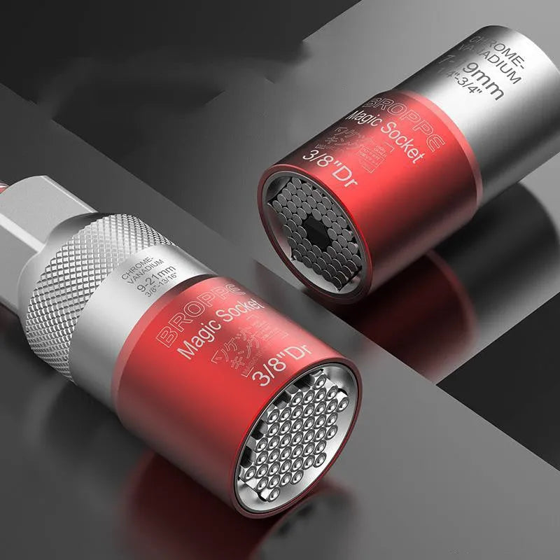 Red metric socket set with 7-19mm and 9-21mm universal sleeves and electric screwdriver adapter