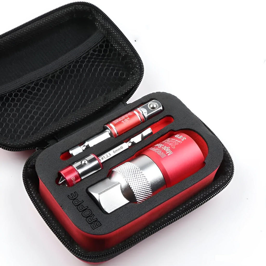 Red metric socket set with 7-19mm and 9-21mm universal sleeves and electric screwdriver adapter