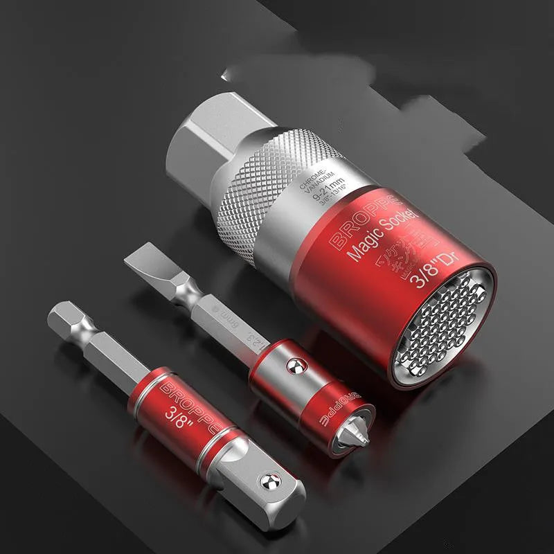 Red metric socket set with 7-19mm and 9-21mm universal sleeves and electric screwdriver adapter