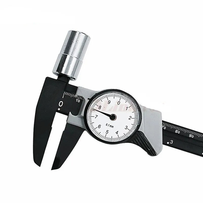 Black or white plastic vernier caliper showing 0-150mm scale and straightedge design.