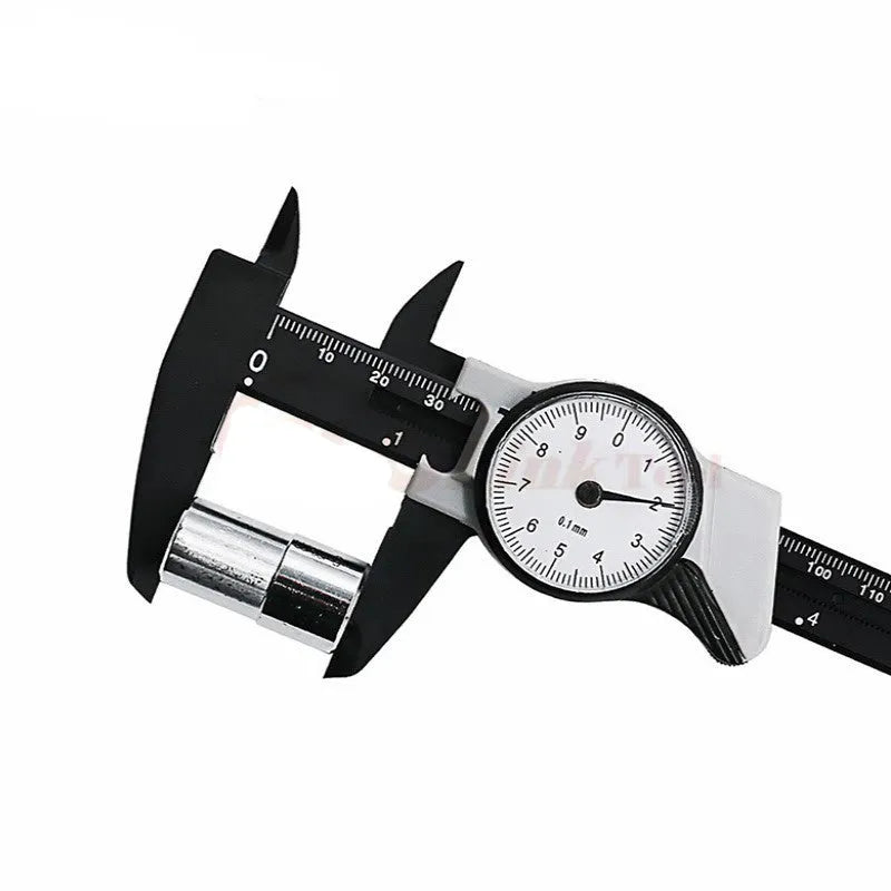 Black or white plastic vernier caliper showing 0-150mm scale and straightedge design.