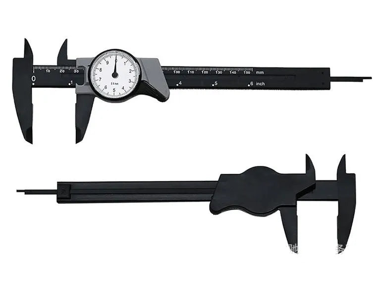 Black or white plastic vernier caliper showing 0-150mm scale and straightedge design.