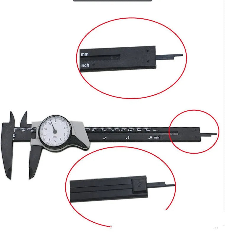 Black or white plastic vernier caliper showing 0-150mm scale and straightedge design.