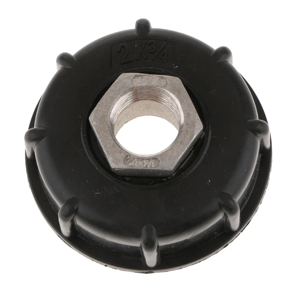 Black chemical barrel connector with stainless steel components for connecting ton barrels to conventional pipe fittings