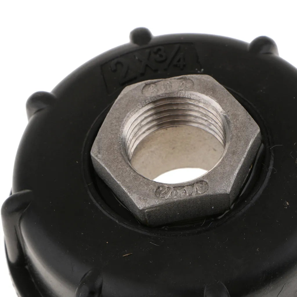 Black chemical barrel connector with stainless steel components for connecting ton barrels to conventional pipe fittings