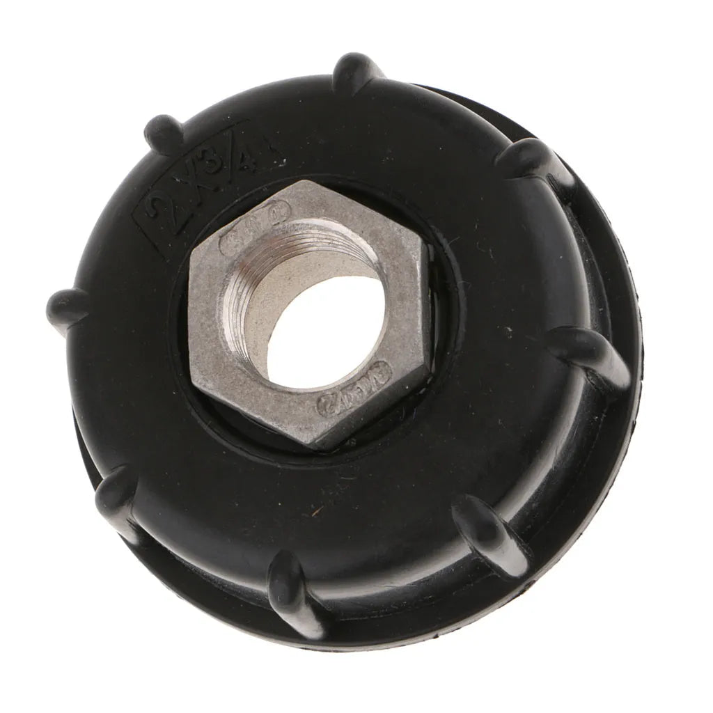 Black chemical barrel connector with stainless steel components for connecting ton barrels to conventional pipe fittings