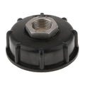 Black chemical barrel connector with stainless steel components for connecting ton barrels to conventional pipe fittings