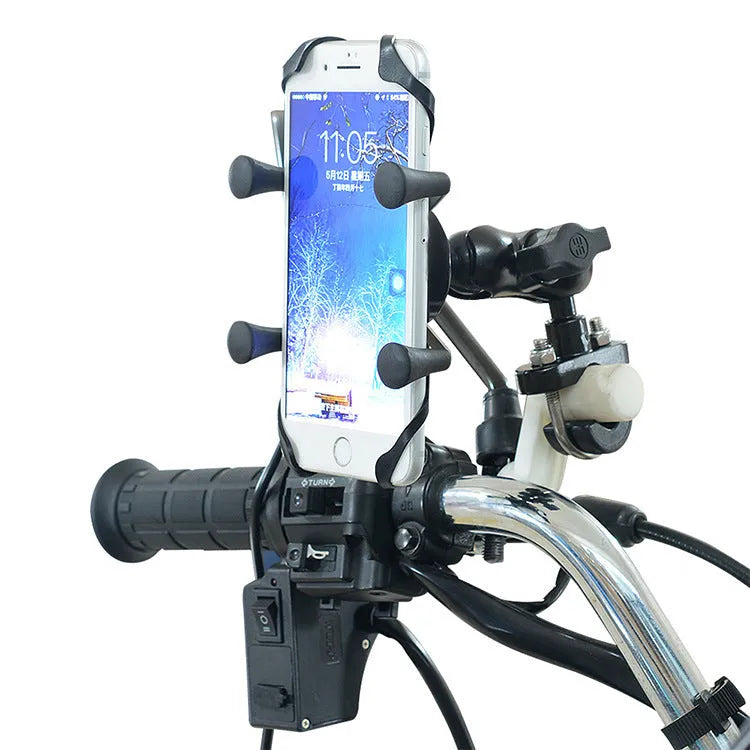 Black aluminium alloy motorcycle phone bracket mounted on a handlebar, holding a mobile phone.