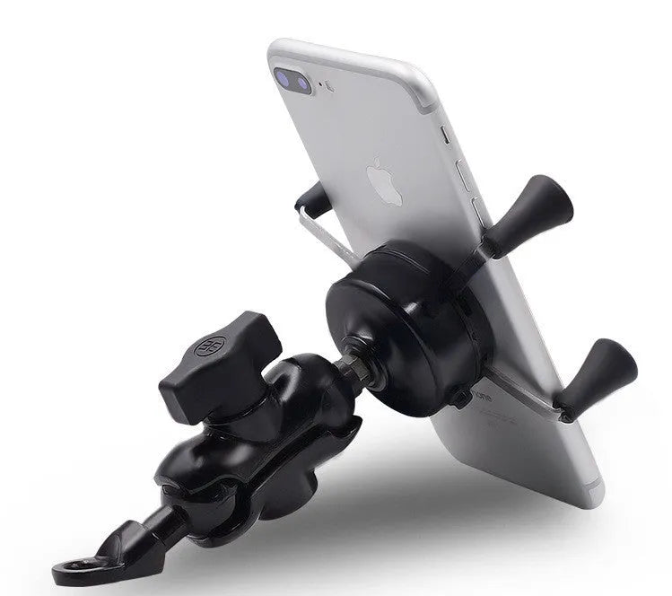 Black aluminium alloy motorcycle phone bracket mounted on a handlebar, holding a mobile phone.