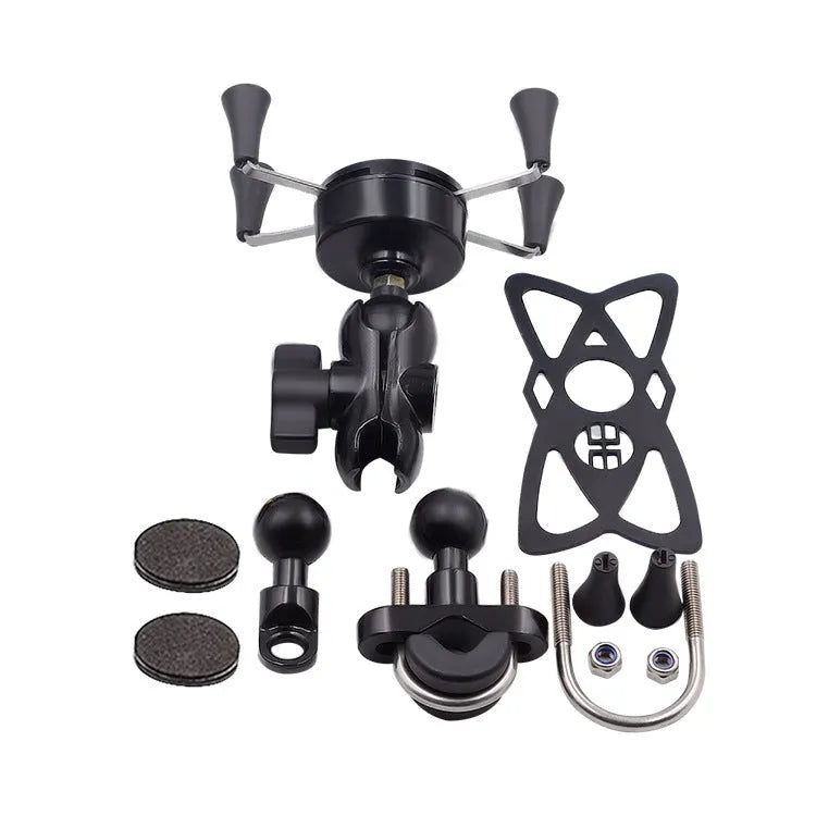 Black aluminium alloy motorcycle phone bracket mounted on a handlebar, holding a mobile phone.