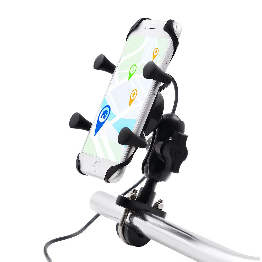 Black aluminium alloy motorcycle phone bracket mounted on a handlebar, holding a mobile phone.
