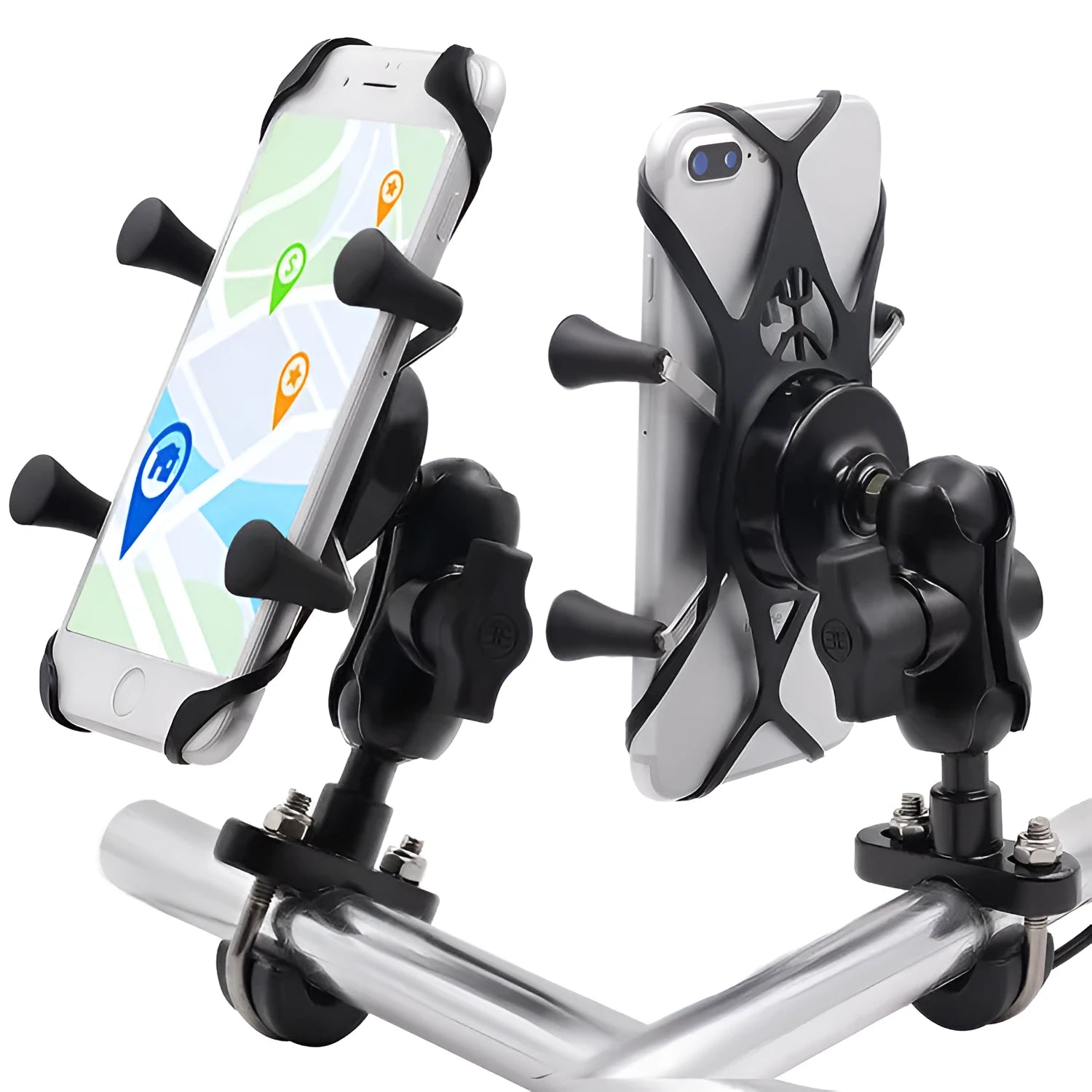 Black aluminium alloy motorcycle phone bracket mounted on a handlebar, holding a mobile phone.