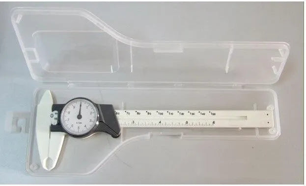 Black or white plastic vernier caliper showing 0-150mm scale and straightedge design.
