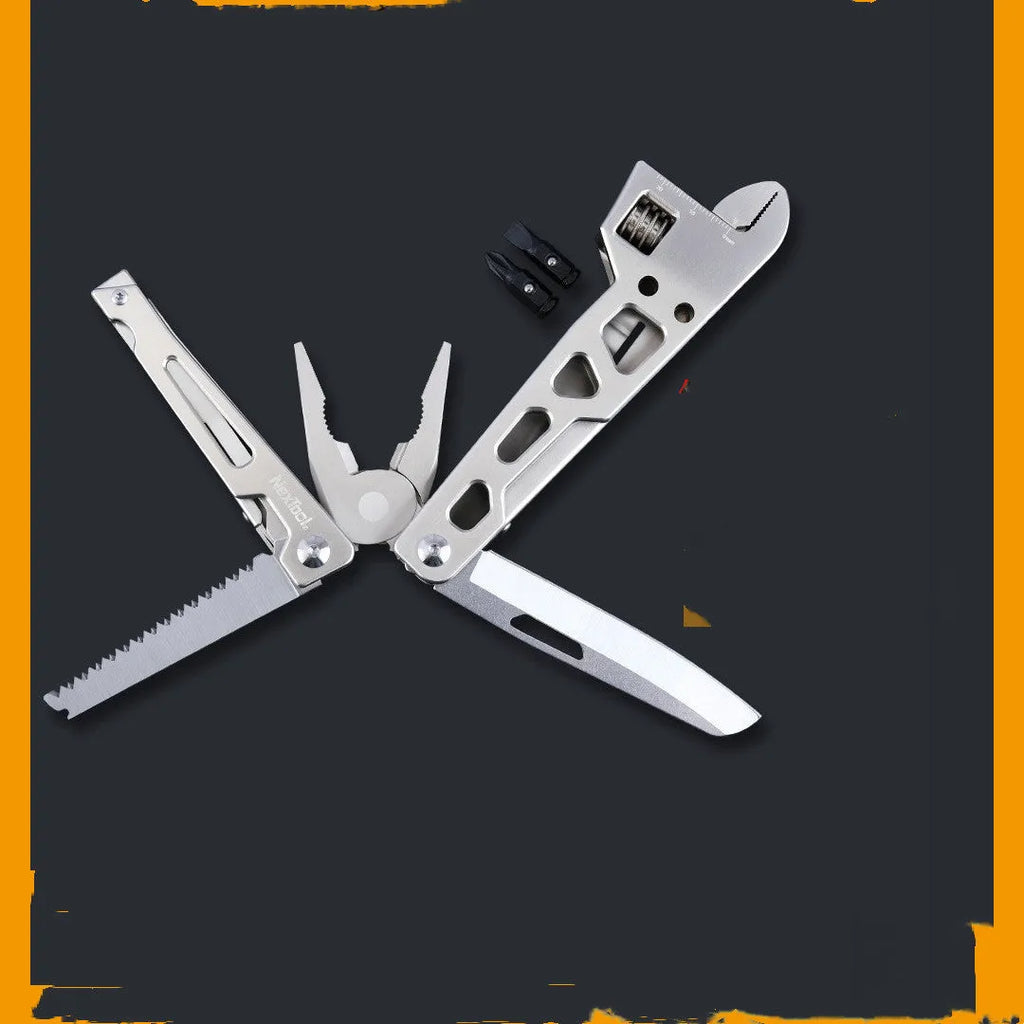 White stainless steel multi-function tool with wrench, knife and needle nose pliers functions