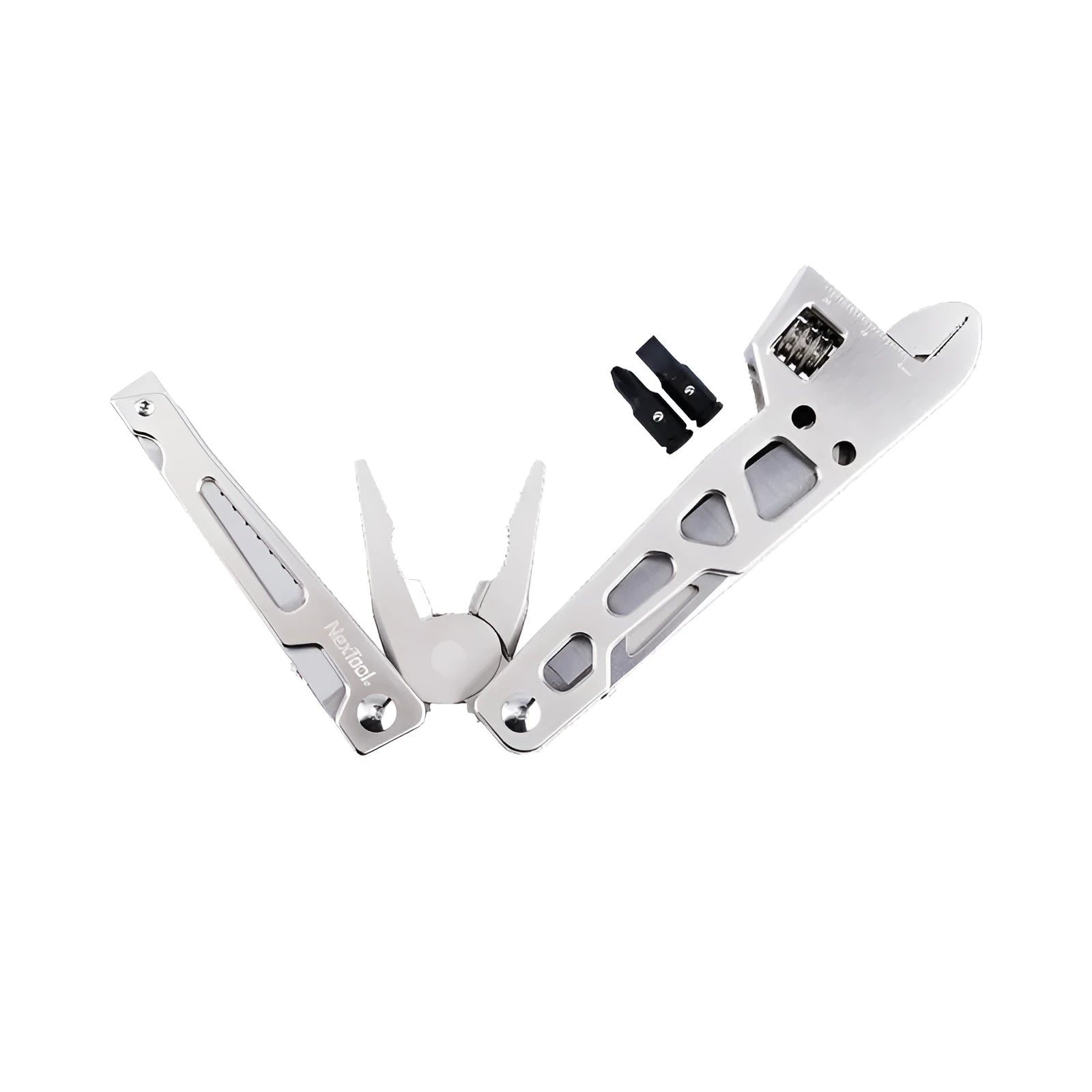 White stainless steel multi-function tool with wrench, knife and needle nose pliers functions