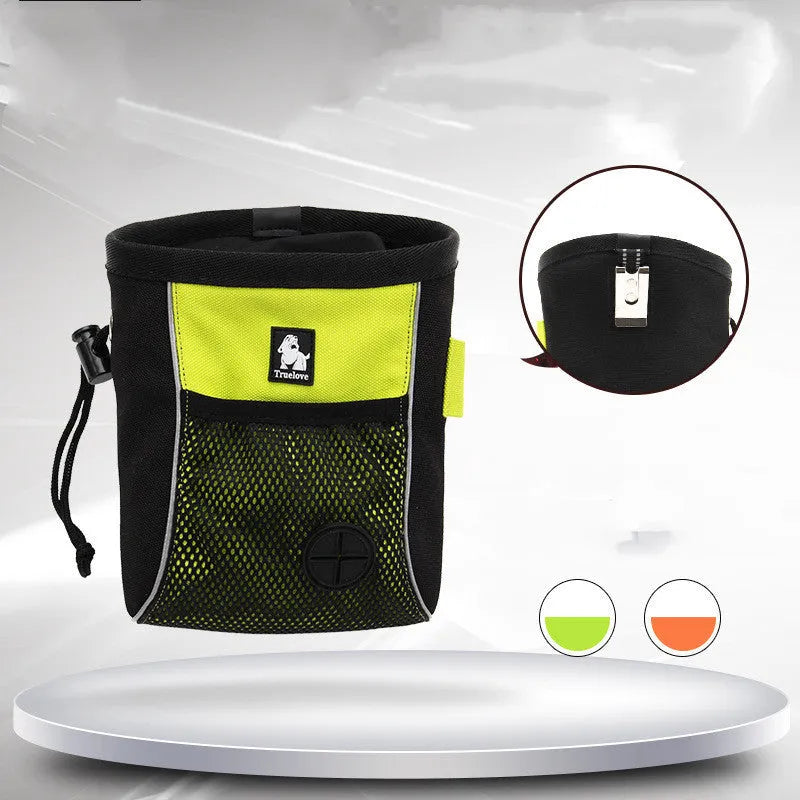 Dog training waist bag with removable compartment in orange or green, showing adjustable strap and storage sections