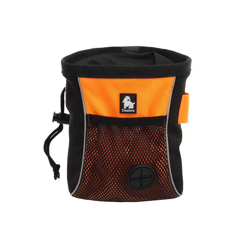 Dog training waist bag with removable compartment in orange or green, showing adjustable strap and storage sections