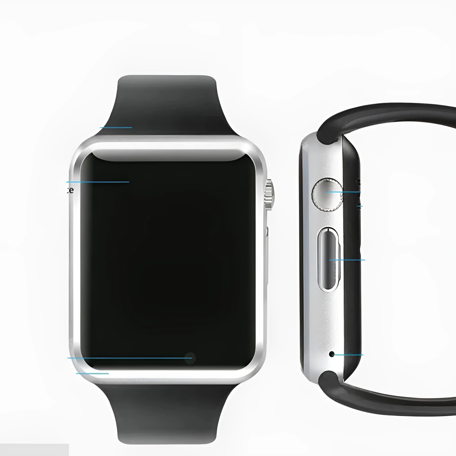 A1 Android smart watch with colour screen on wrist, showing GSM SIM and camera features, in choice of eight colours.