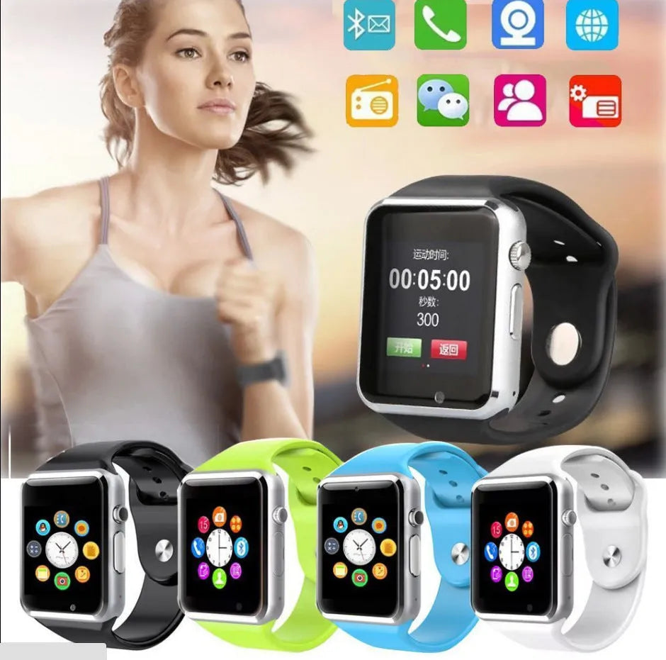 A1 Android smart watch with colour screen on wrist, showing GSM SIM and camera features, in choice of eight colours.