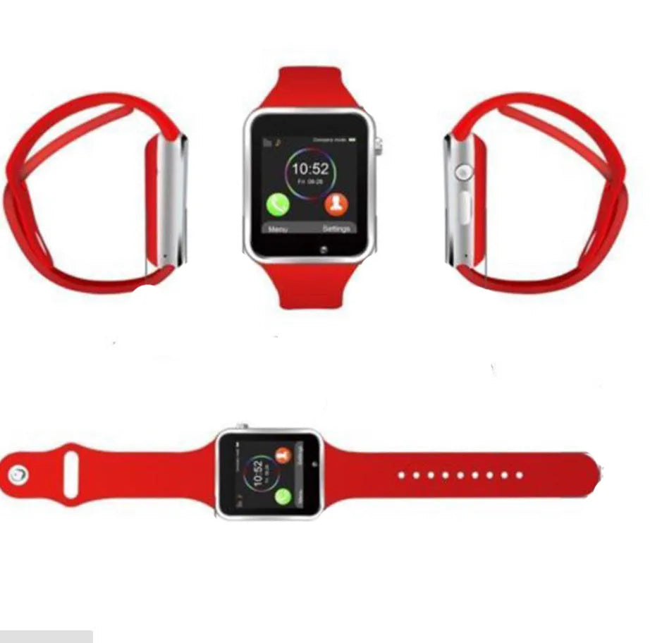 A1 Android smart watch with colour screen on wrist, showing GSM SIM and camera features, in choice of eight colours.