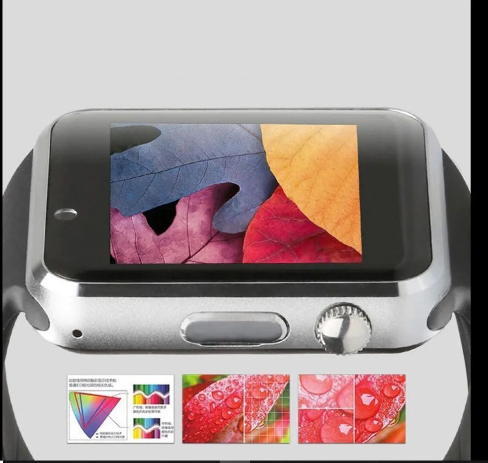 A1 Android smart watch with colour screen on wrist, showing GSM SIM and camera features, in choice of eight colours.