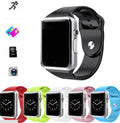 A1 Android smart watch with colour screen on wrist, showing GSM SIM and camera features, in choice of eight colours.