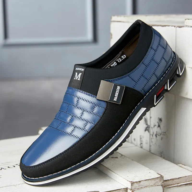 Men's large size casual leather shoes in blue, black, and brown colours with low upper design
