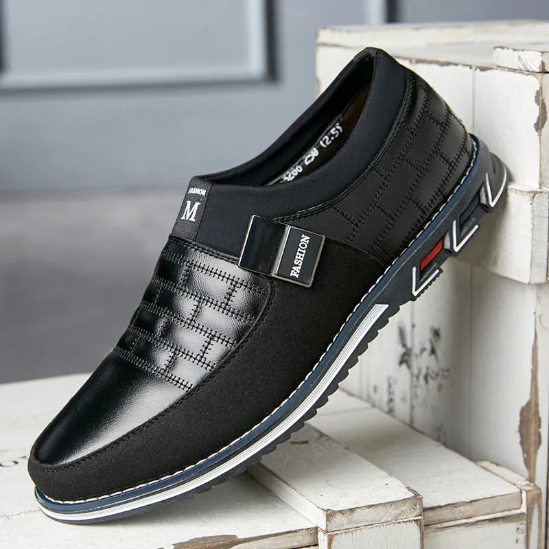 Men's large size casual leather shoes in blue, black, and brown colours with low upper design