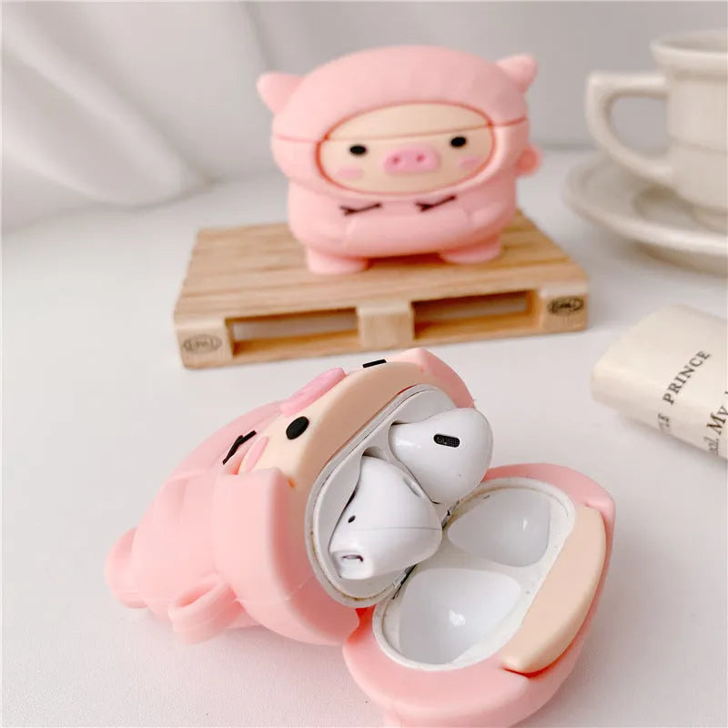 Sweater pink pig cartoon silicone flip case for Apple AirPods with a matching pink hook.