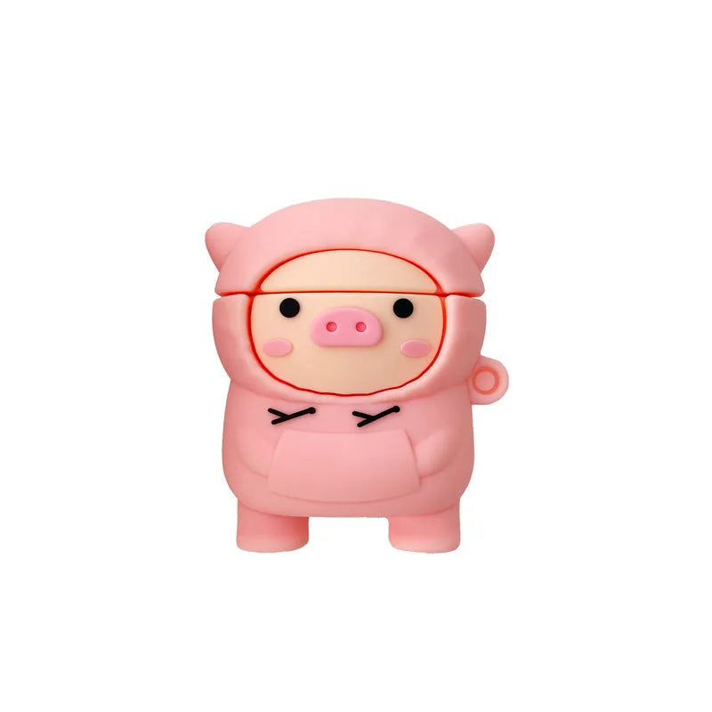 Sweater pink pig cartoon silicone flip case for Apple AirPods with a matching pink hook.
