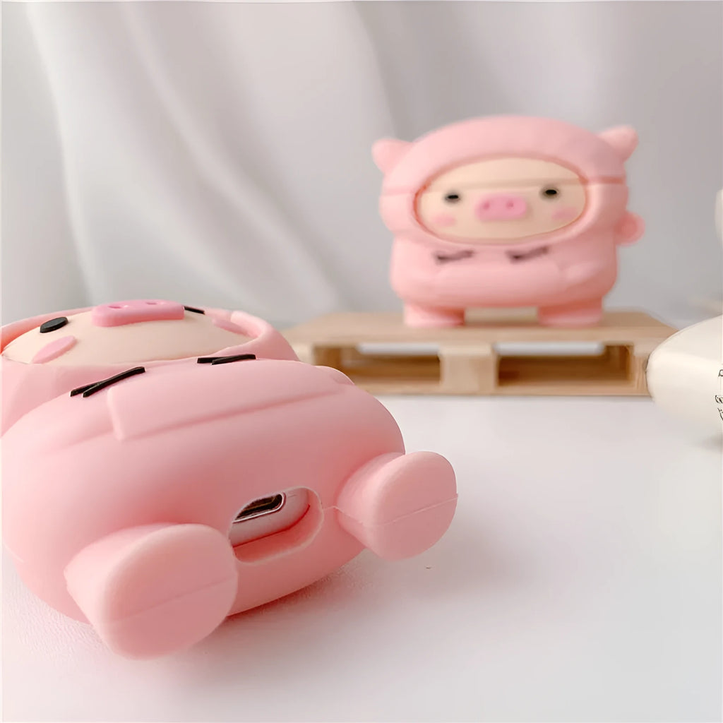 Sweater pink pig cartoon silicone flip case for Apple AirPods with a matching pink hook.