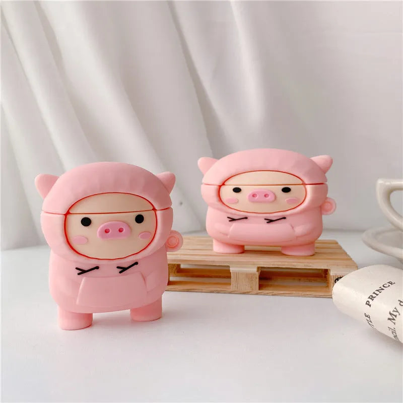 Sweater pink pig cartoon silicone flip case for Apple AirPods with a matching pink hook.