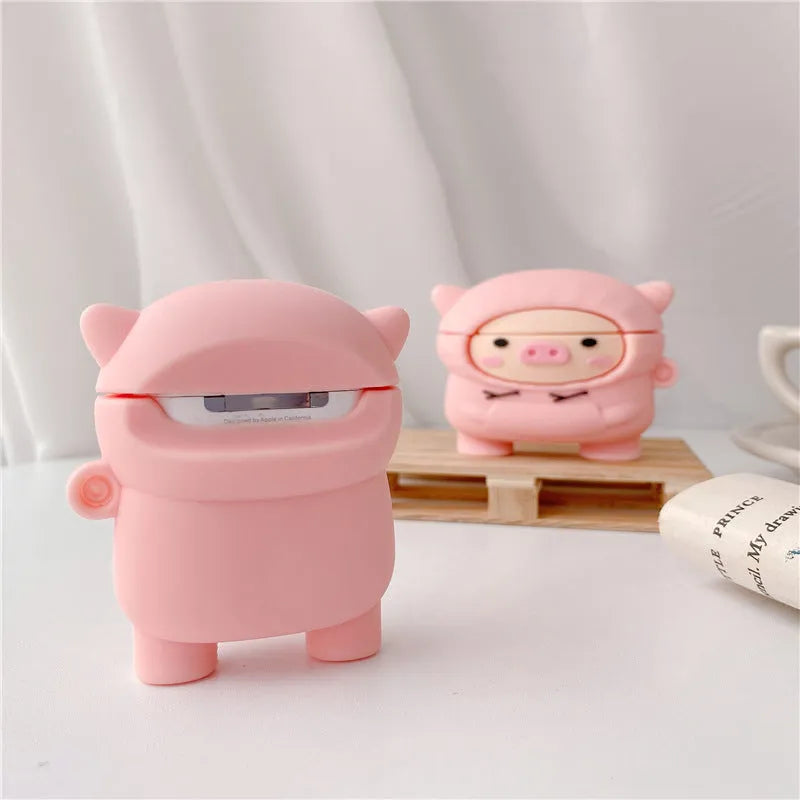 Sweater pink pig cartoon silicone flip case for Apple AirPods with a matching pink hook.