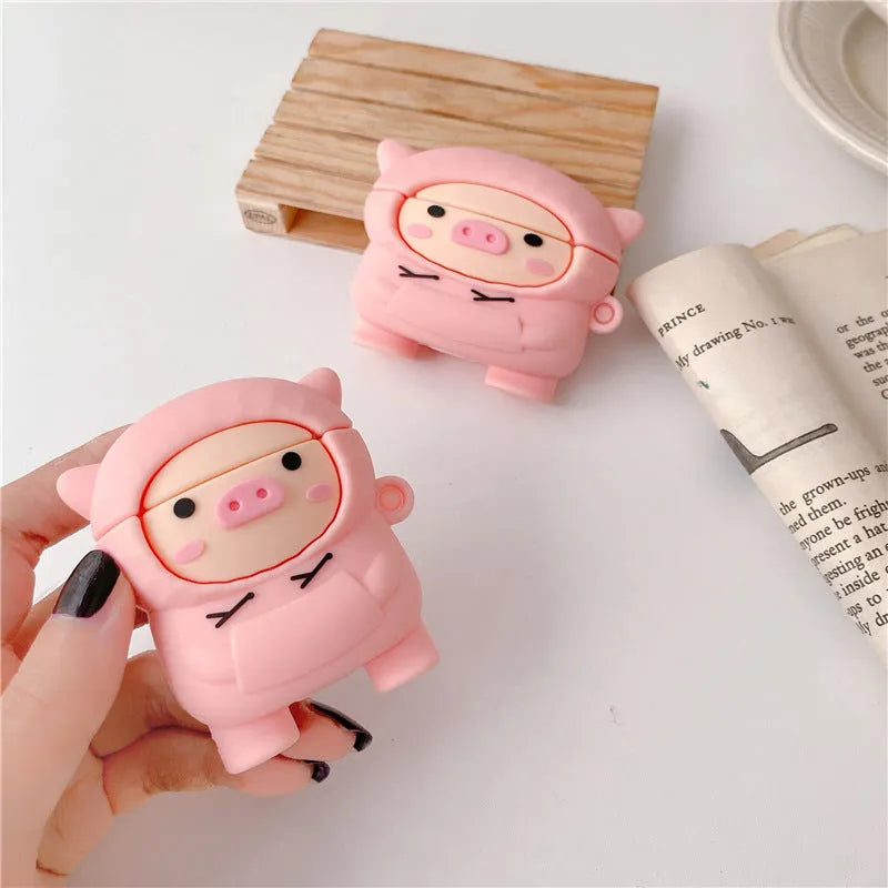 Sweater pink pig cartoon silicone flip case for Apple AirPods with a matching pink hook.