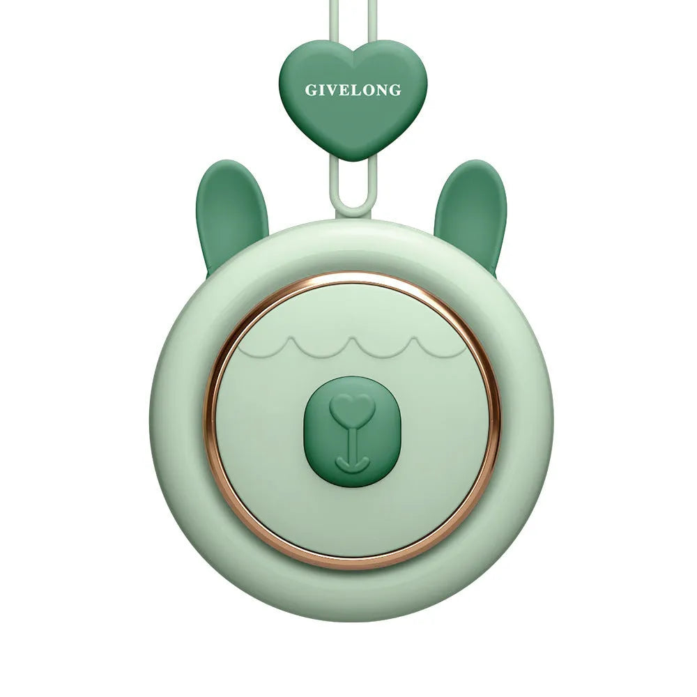 Bladeless personal neck fan with hanging rope worn around neck, showing USB charging port and speed button.