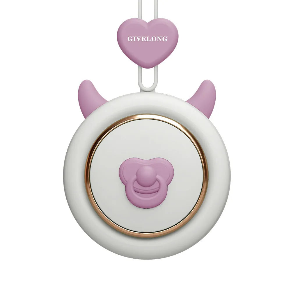 Bladeless personal neck fan with hanging rope worn around neck, showing USB charging port and speed button.