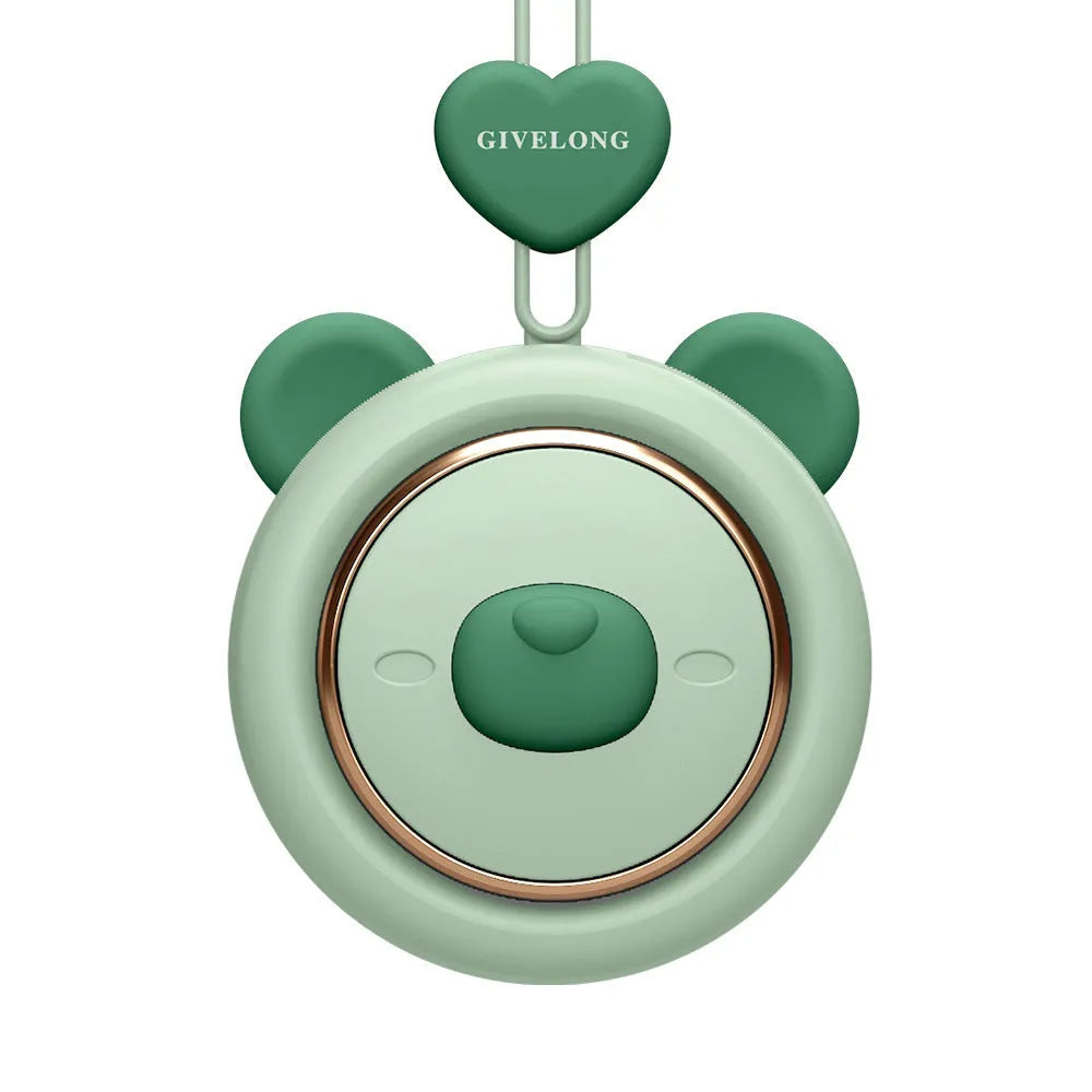 Bladeless personal neck fan with hanging rope worn around neck, showing USB charging port and speed button.