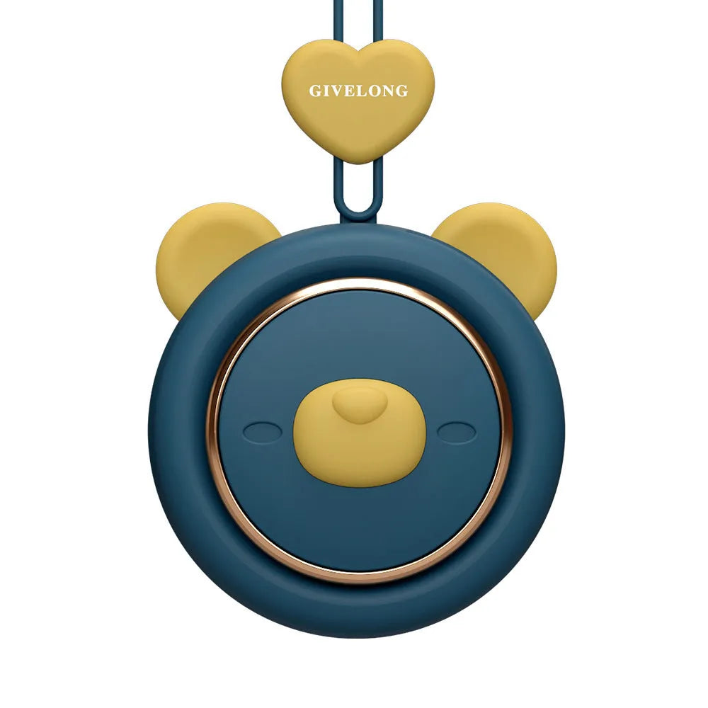 Bladeless personal neck fan with hanging rope worn around neck, showing USB charging port and speed button.