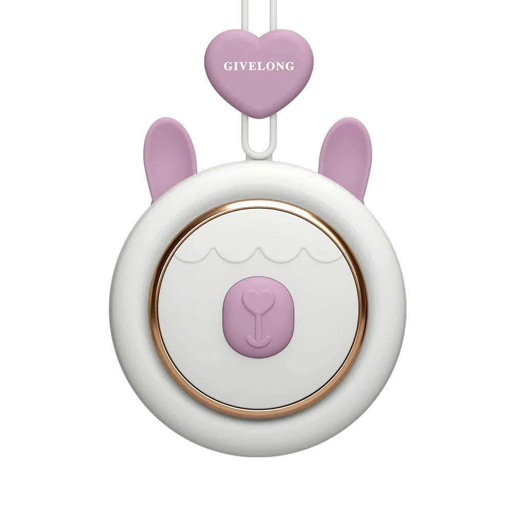 Bladeless personal neck fan with hanging rope worn around neck, showing USB charging port and speed button.