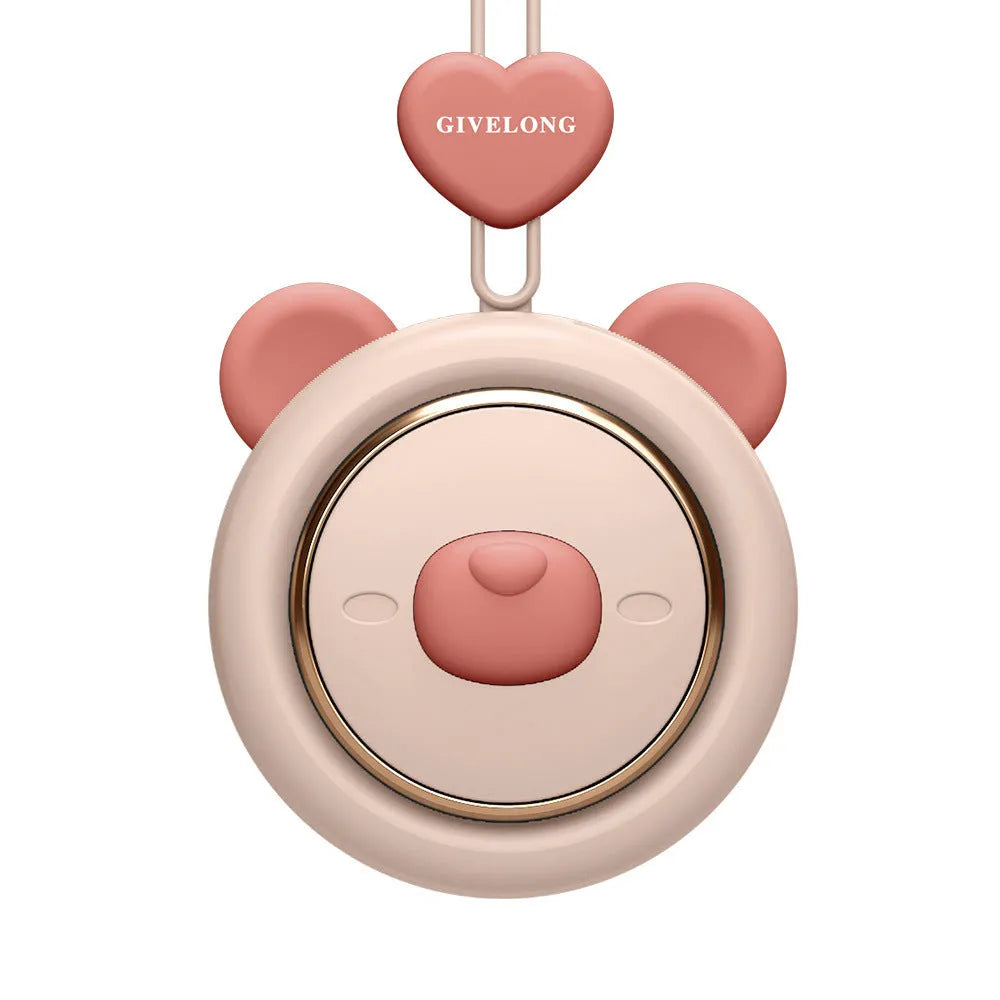 Bladeless personal neck fan with hanging rope worn around neck, showing USB charging port and speed button.