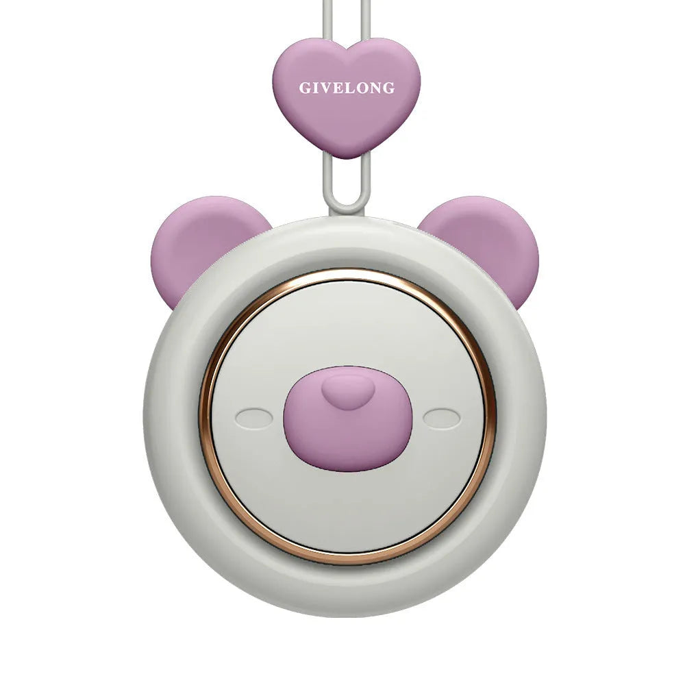 Bladeless personal neck fan with hanging rope worn around neck, showing USB charging port and speed button.