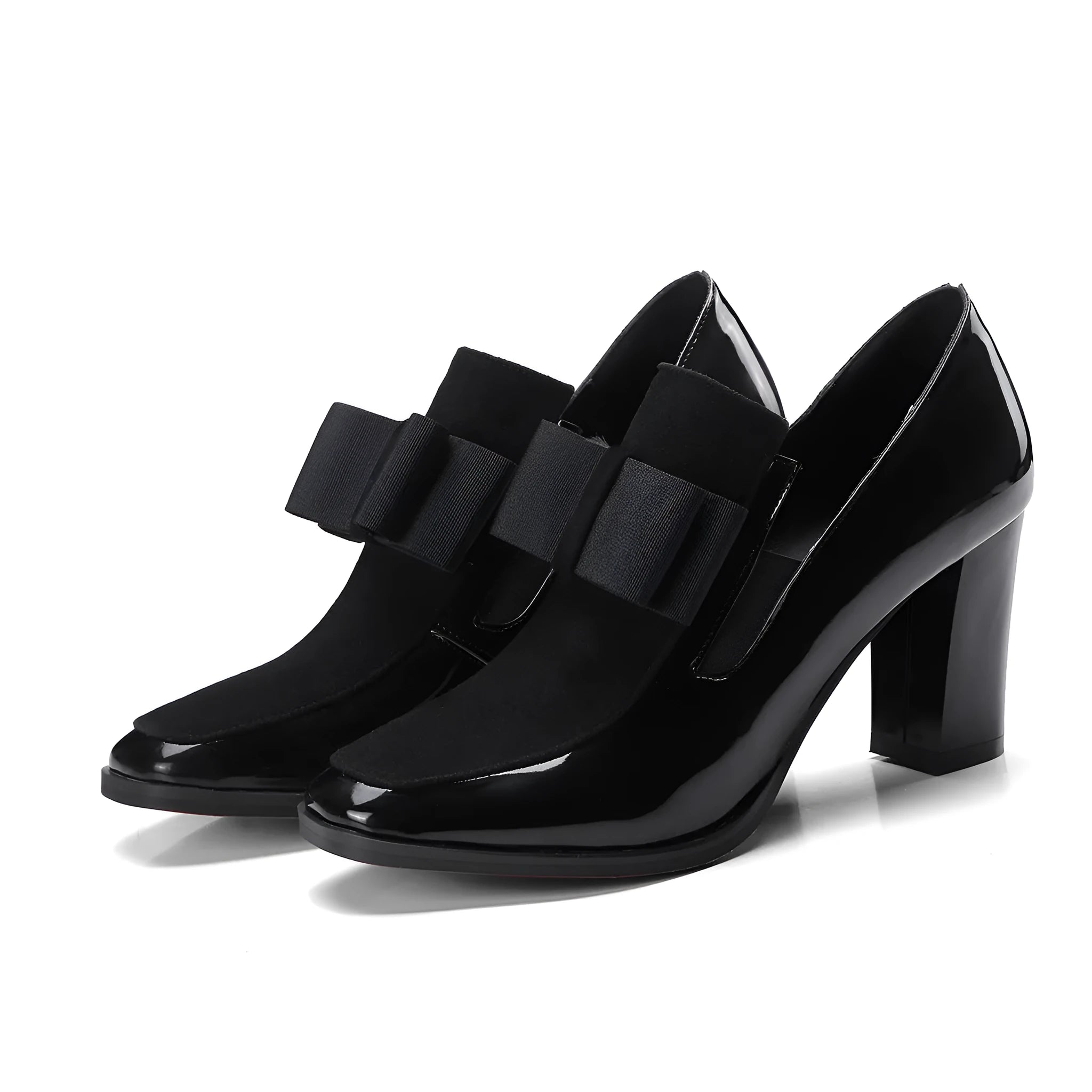 Black patent leather women's high heel shoes with thick heel and square toe