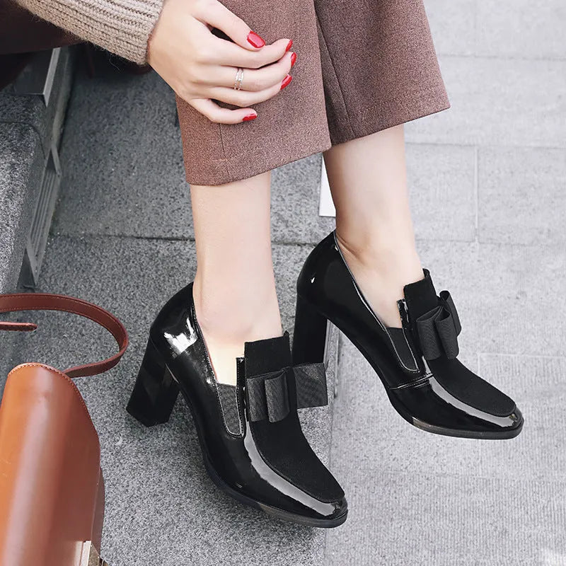 Black patent leather women's high heel shoes with thick heel and square toe