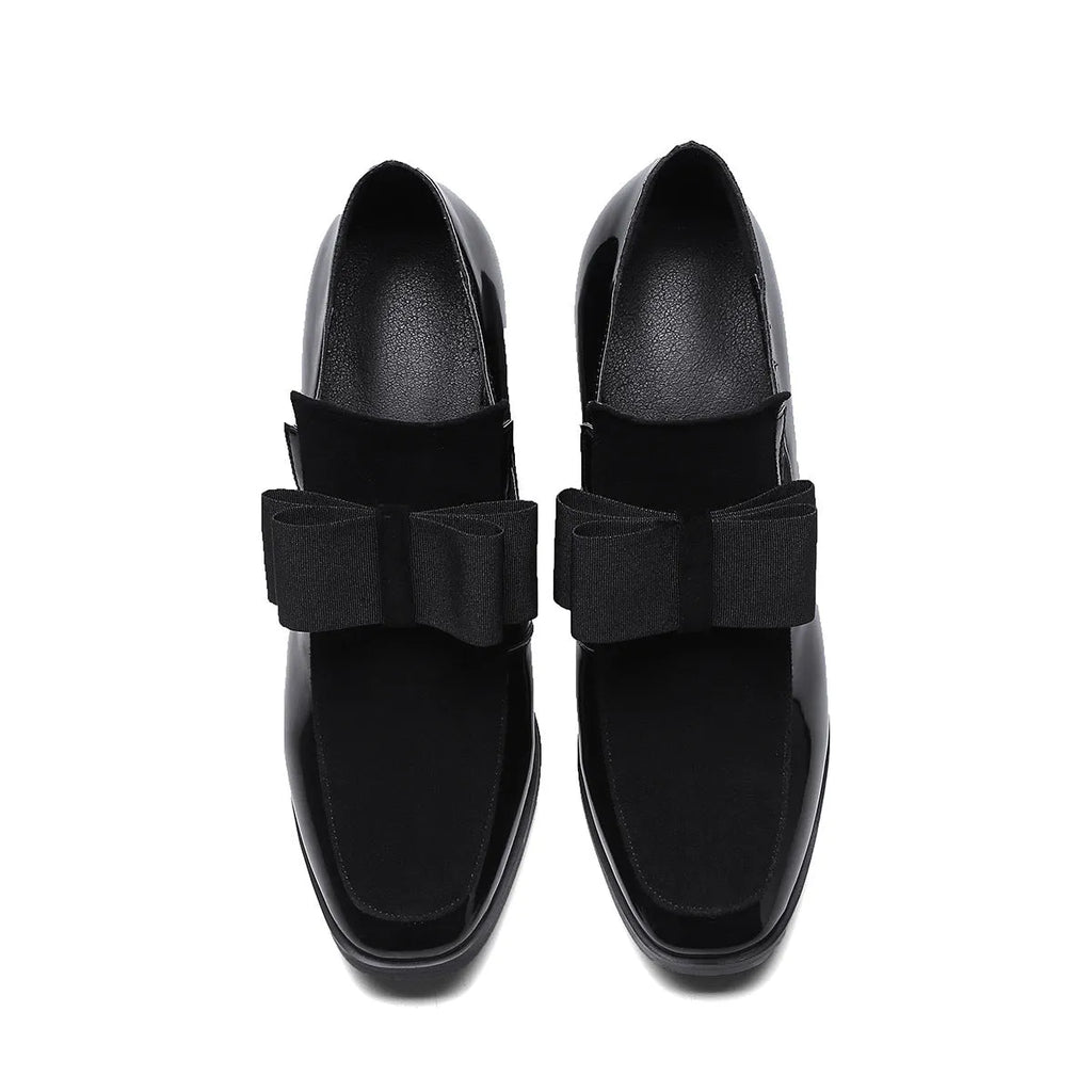 Black patent leather women's high heel shoes with thick heel and square toe