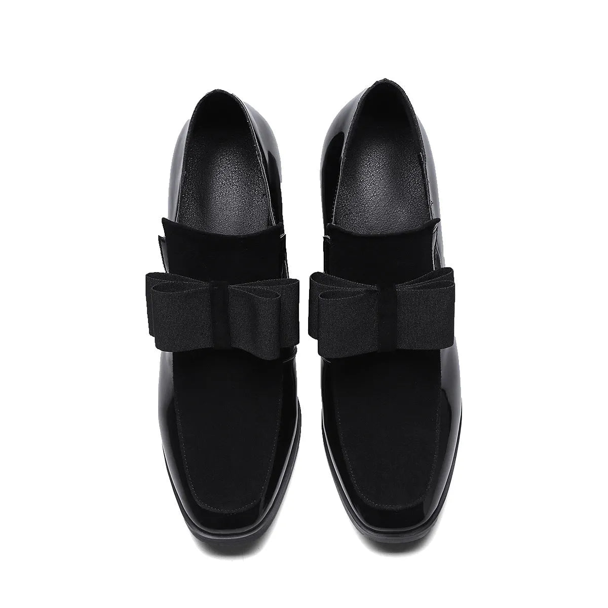 Black patent leather women's high heel shoes with thick heel and square toe