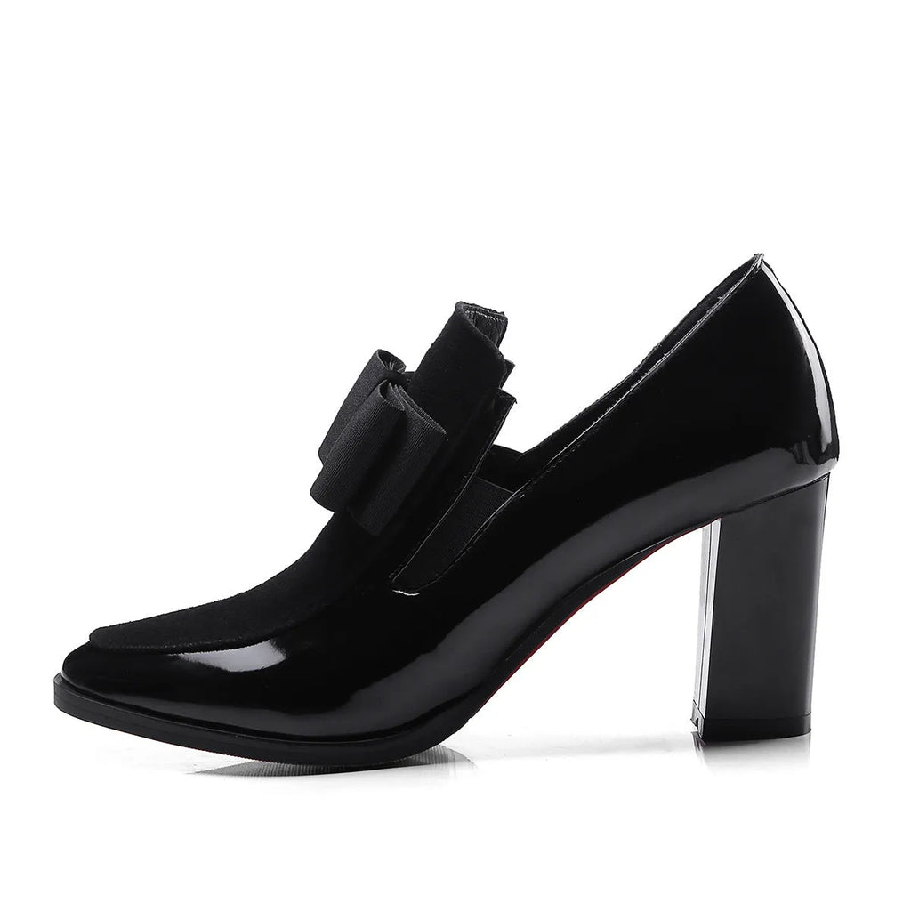 Black patent leather women's high heel shoes with thick heel and square toe