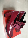 Black patent leather women's high heel shoes with thick heel and square toe