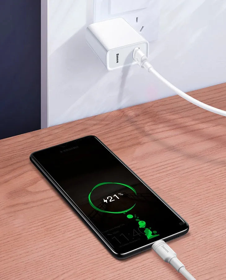 Baseus black and white Android fast charging cables with Micro USB connectors in 1m and 2m lengths.